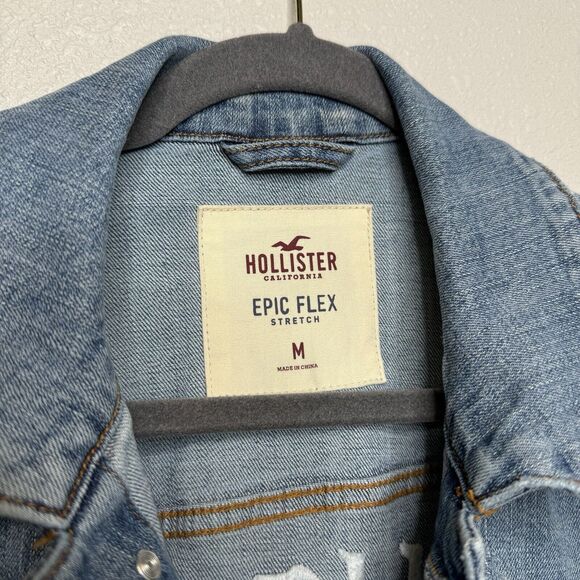 Hollister Embroidered Tiger Denim Distressed Jean Jacket Men's Size M Epic Flex - Picture 3 of 5